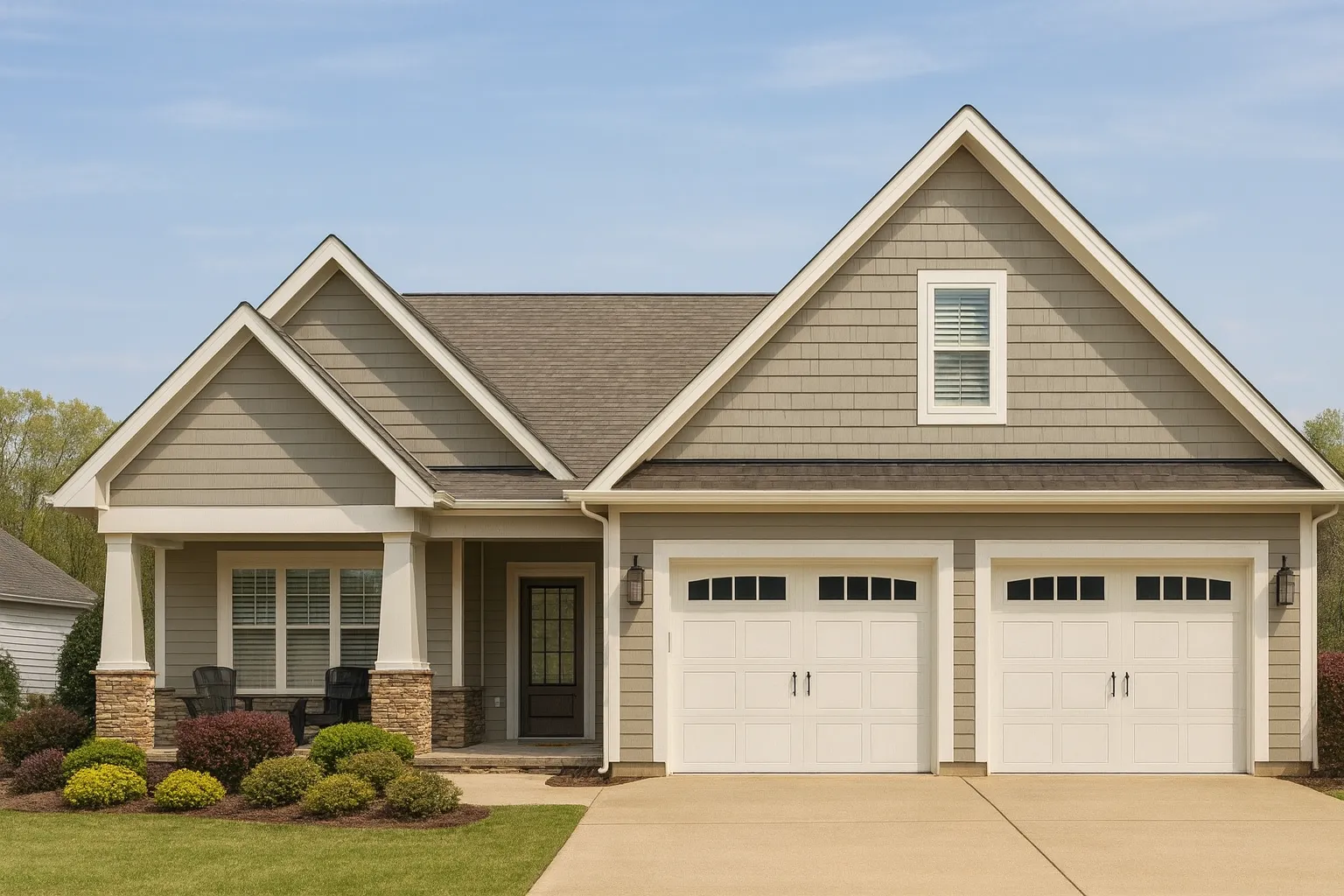 Front elevation of a Craftsman Ranch home featuring horizontal siding, shingle gables, stone column bases, and a welcoming covered porch