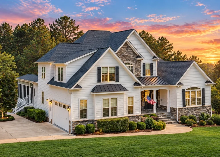 Front elevation of a New American Modern Traditional house featuring stone veneer, horizontal siding, gabled rooflines, and a covered front porch