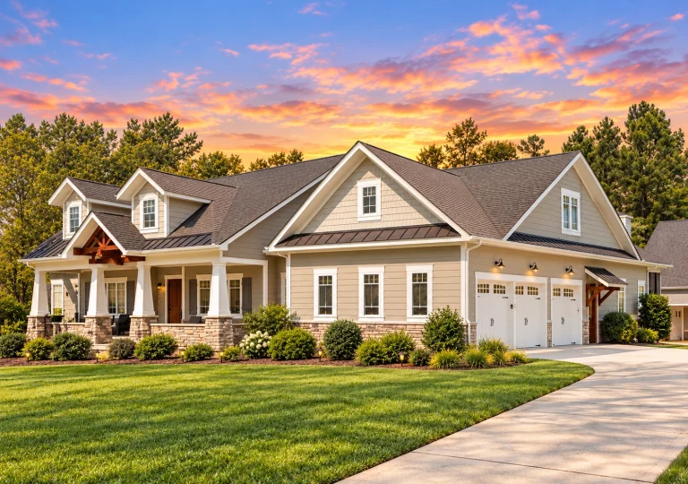 Front elevation of a New American Ranch style house with horizontal siding, board and batten gables, stone base, and covered porch