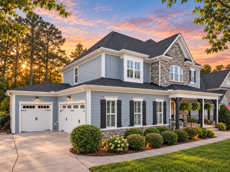 Rustic Farmhouse House Plans 23 Front elevation of a two-story New American modern traditional home with stone veneer, horizontal lap siding, covered porch, arched entry, and front-entry garage