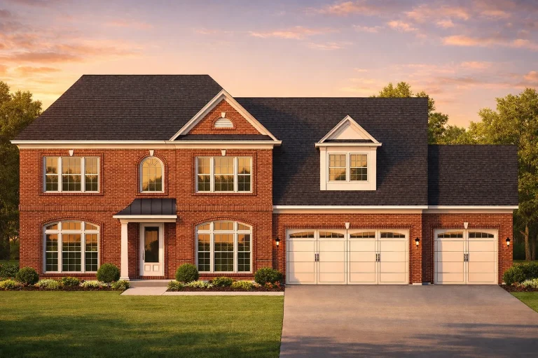 Front elevation of a Traditional Colonial style home featuring red brick exterior, symmetrical window placement, gabled rooflines, and an attached garage
