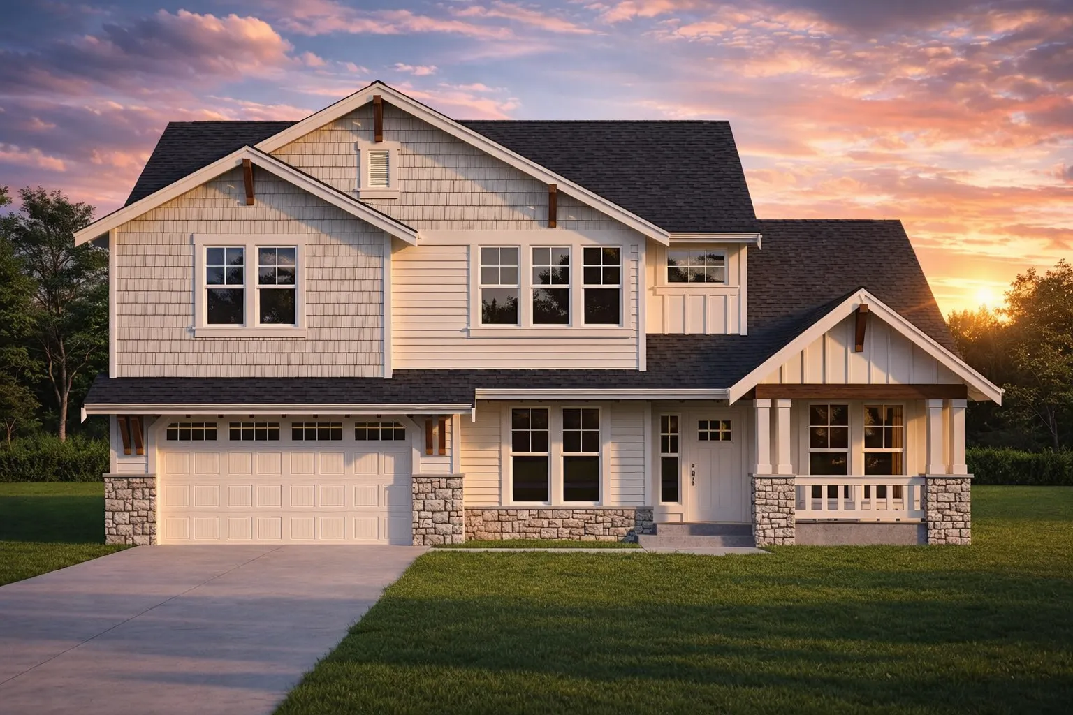 Front elevation of a Traditional Craftsman home featuring shingle siding, horizontal lap siding, stone accents, and a welcoming covered porch entry