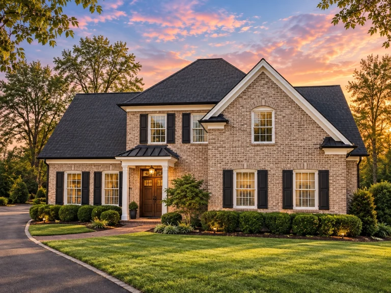 Front exterior of a Traditional Colonial brick home with symmetrical windows, black shutters, gabled rooflines, and formal entry
