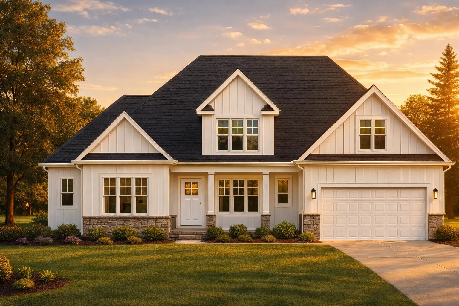 House Plans with Basement Bedrooms 15 Front elevation of a modern farmhouse style house featuring board and batten siding, stone accents, gabled rooflines, and an attached two-car garage