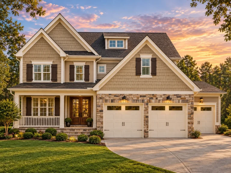 Split Garage House Plans 12 Front elevation of a Modern Craftsman style home with stone veneer, horizontal lap siding, shake gables, covered porch, and 3-car garage