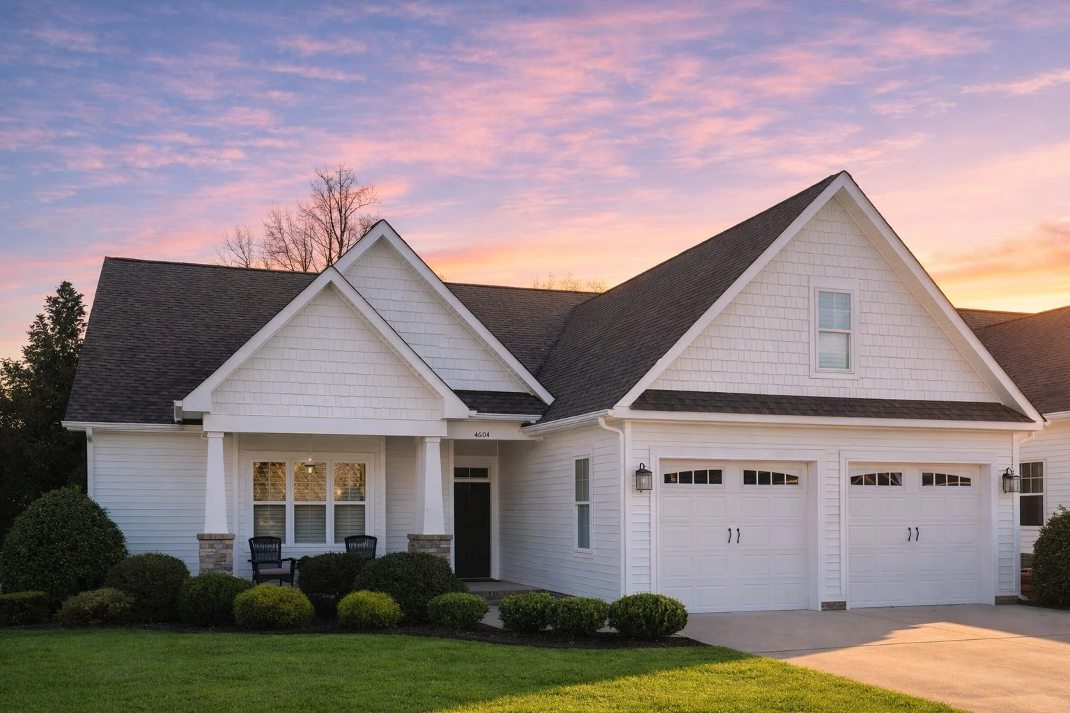 Front elevation of a Craftsman Ranch home featuring horizontal siding, shingle gables, stone column bases, and a welcoming covered porch