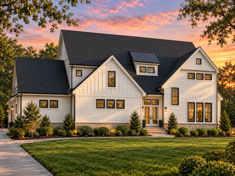 Front elevation of a Modern Farmhouse home with board and batten siding, horizontal lap siding, stone accents, gabled roof, and black framed windows