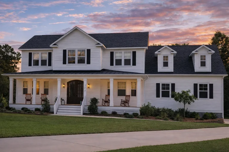 Front exterior of a Coastal Farmhouse Southern Colonial style home featuring horizontal siding, wraparound porch, and symmetrical two-story design