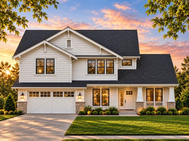 Front elevation of a Traditional Craftsman home featuring shingle siding, horizontal lap siding, stone accents, and a welcoming covered porch entry