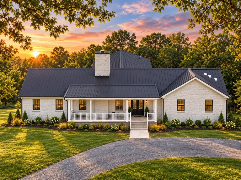 Front elevation of a Traditional Ranch style home featuring horizontal siding, stone accents, metal roof, and a welcoming covered porch
