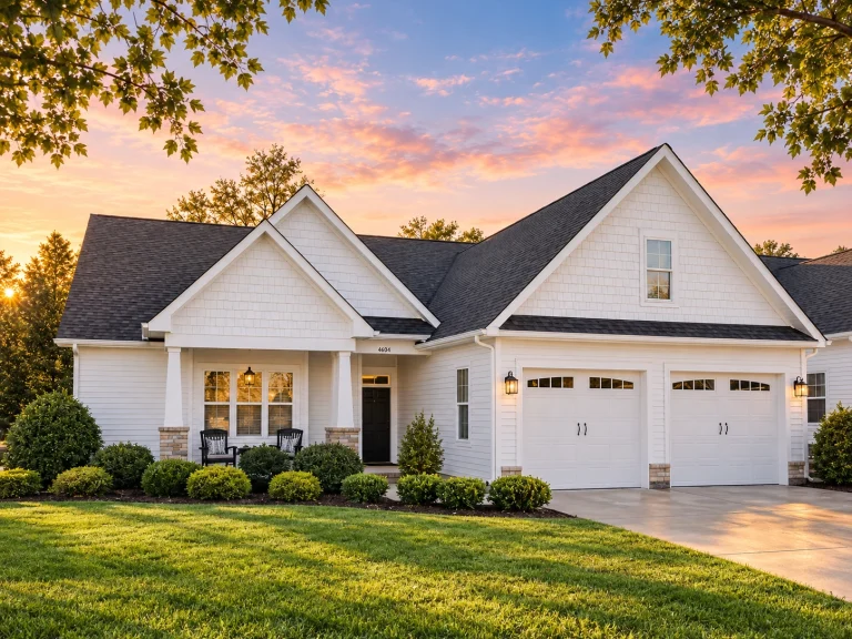 Front elevation of a Craftsman Ranch home featuring horizontal siding, shingle gables, stone column bases, and a welcoming covered porch
