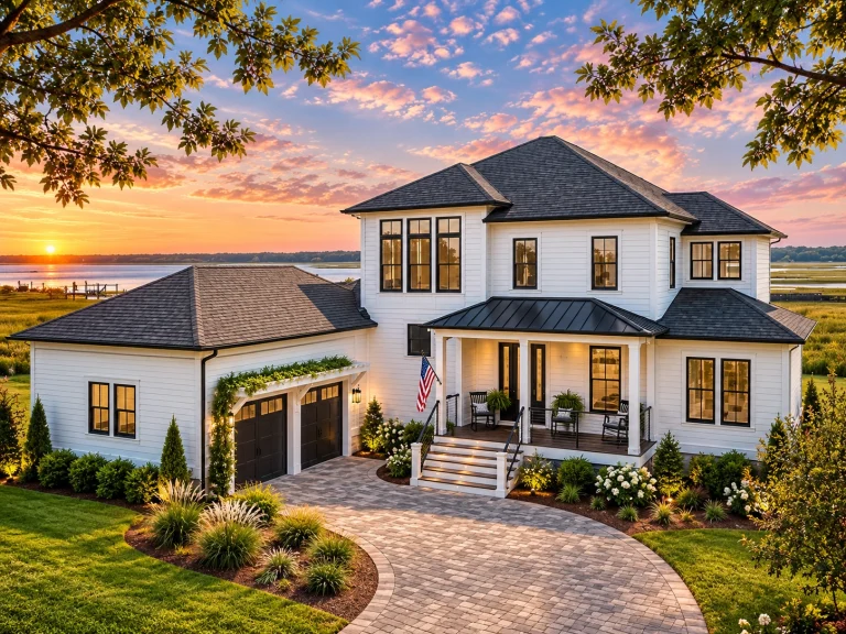Front exterior of a modern coastal farmhouse with white siding, black windows, standing seam metal roof, and expansive covered porch