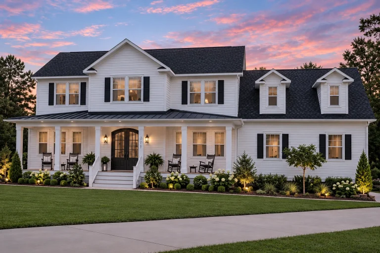 Front exterior of a Coastal Farmhouse Southern Colonial style home featuring horizontal siding, wraparound porch, and symmetrical two-story design
