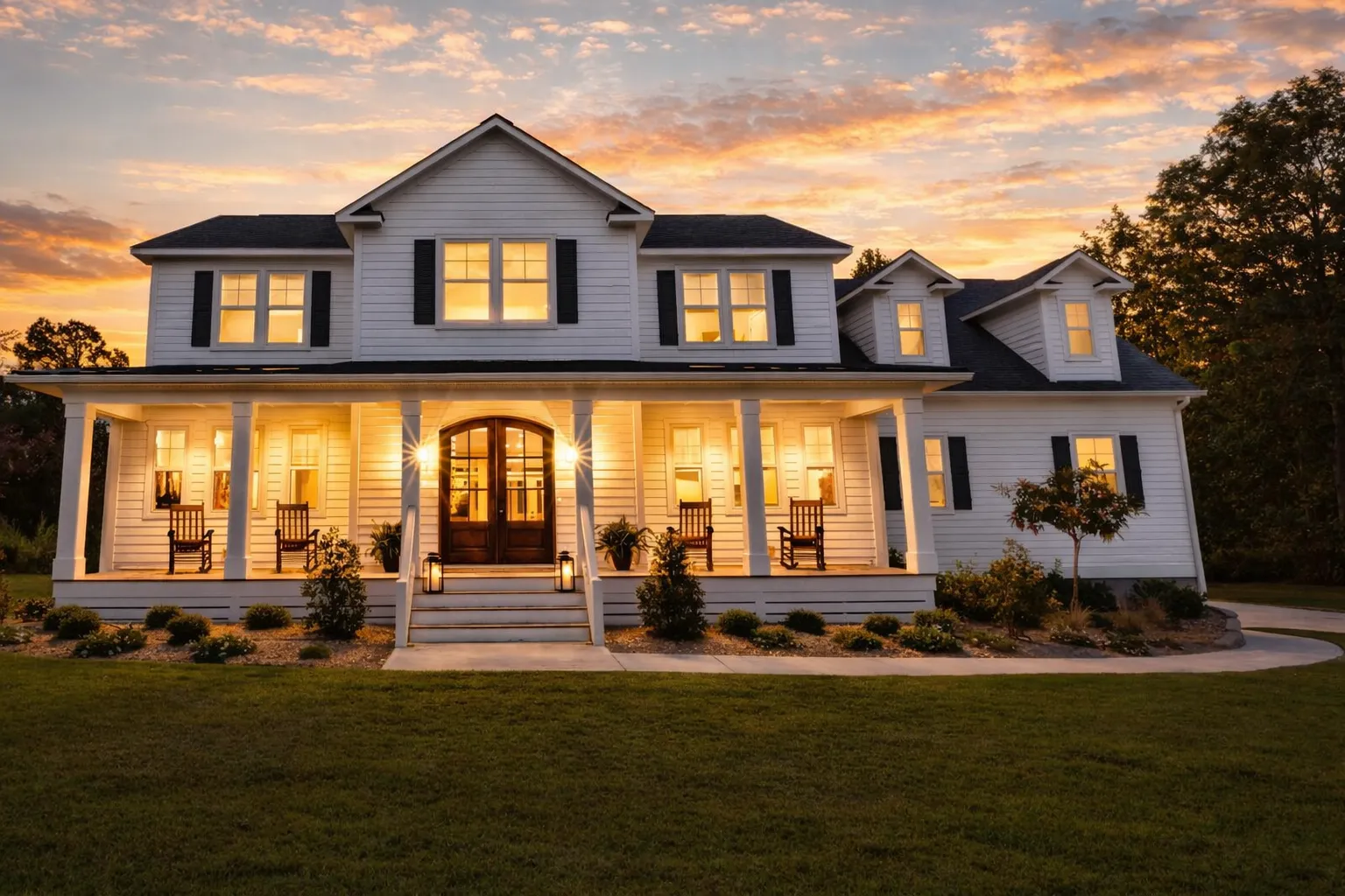 Front exterior of a Coastal Farmhouse Southern Colonial style home featuring horizontal siding, wraparound porch, and symmetrical two-story design