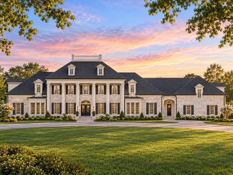 Best-Selling House Plans for Builders 13 Front elevation of a Classical Southern Neo-Classical home with symmetrical brick façade, tall white columns, and traditional Colonial architecture