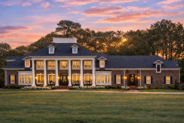 Front elevation of a Classical Southern Neo-Classical home with symmetrical brick façade, tall white columns, and traditional Colonial architecture