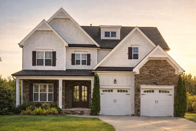 Front elevation of a New American modern traditional house featuring board and batten siding, stone accents, gabled rooflines, and a two-car garage