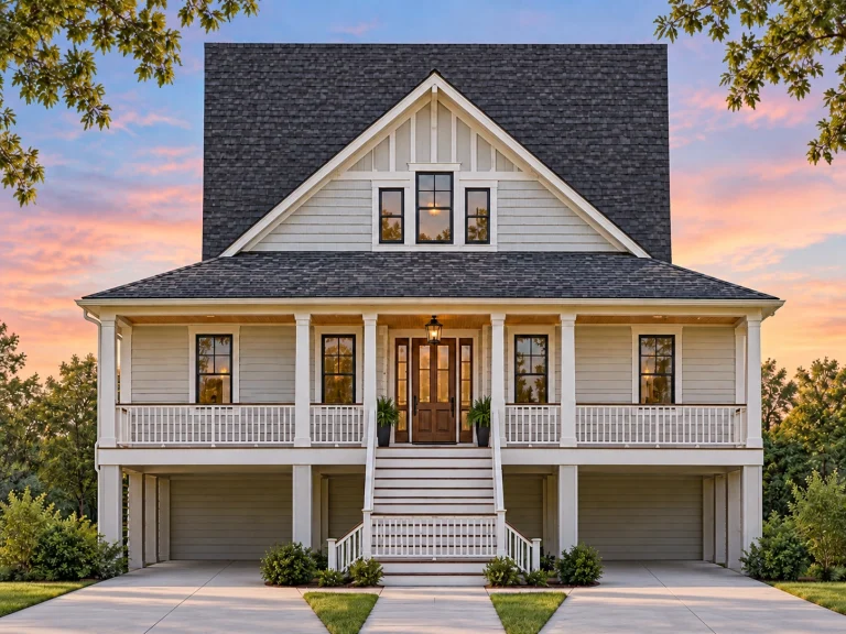 House Plans with Fireplace 19 Front elevation of a Cottage and Traditional style home featuring horizontal siding, brick foundation, and a welcoming Southern-style porch surrounded by lush landscaping