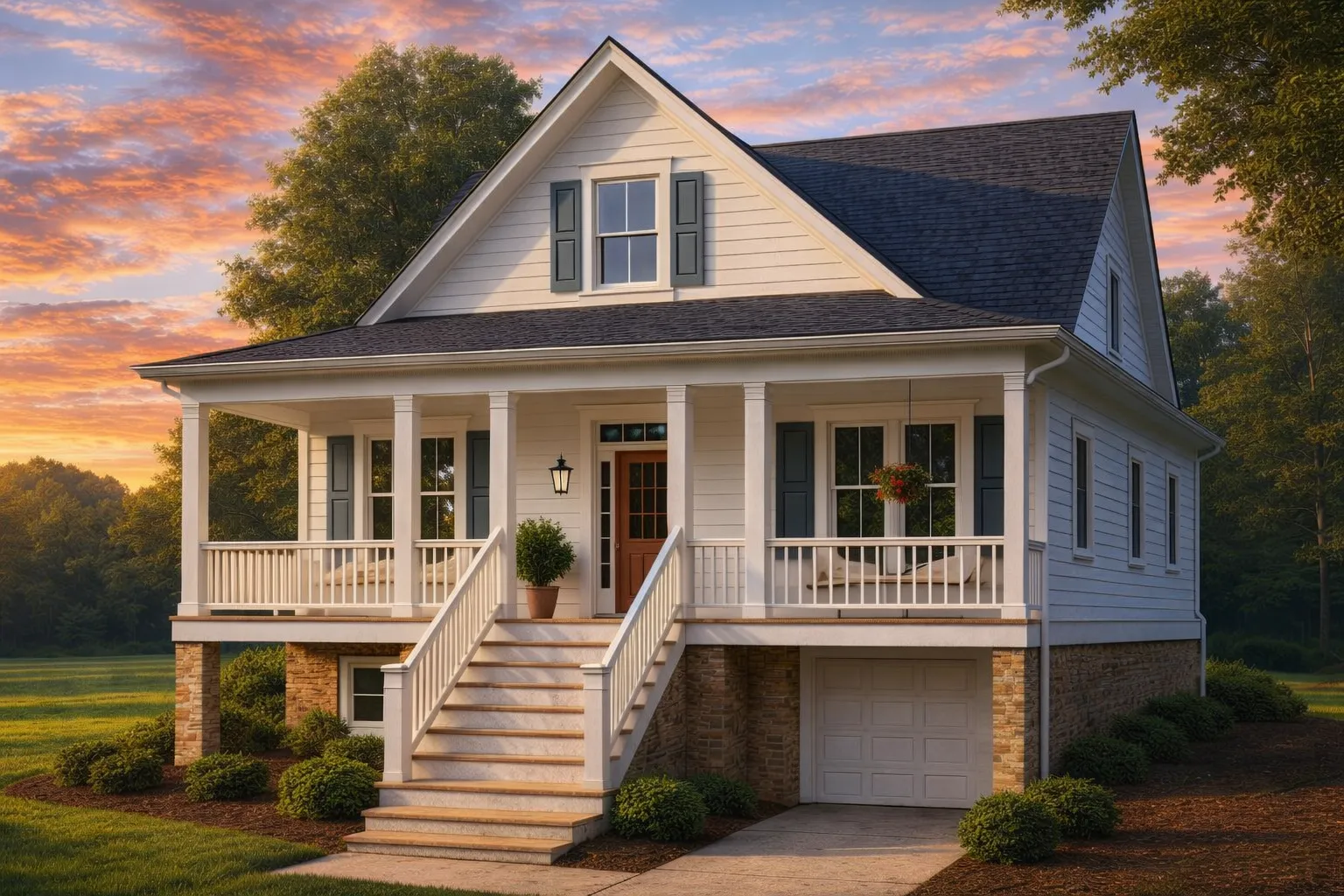 Front elevation of a Cottage and Traditional style home featuring horizontal siding, brick foundation, and a welcoming Southern-style porch surrounded by lush landscaping