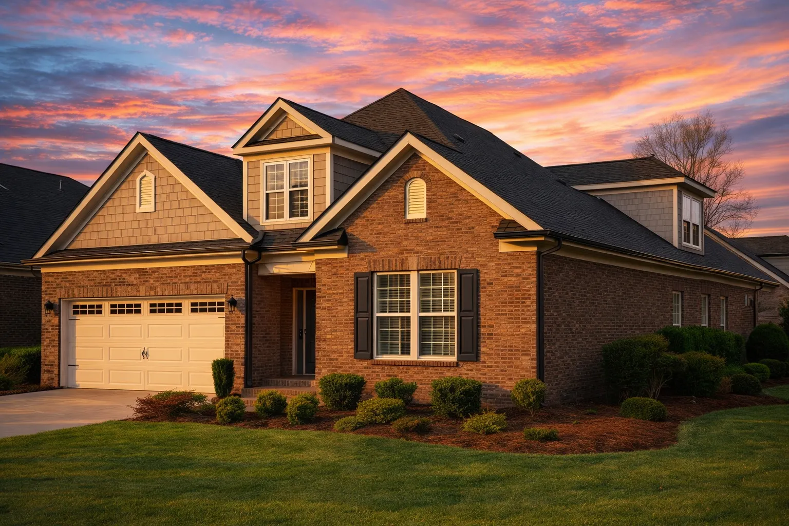 Second Floor Master Bedroom House Plans 15 Front elevation of a traditional brick suburban home featuring shake siding, horizontal siding, gabled rooflines, and manicured landscaping