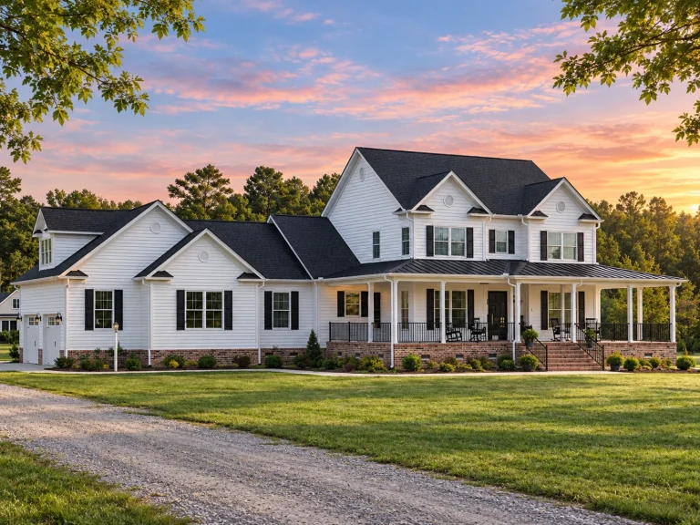 Front elevation of a New American Modern Traditional style house featuring horizontal lap siding, stone accents, black shutters, and a covered front porch