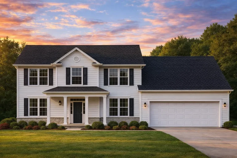 Front elevation of a Traditional Colonial style home featuring horizontal lap siding, symmetrical windows, covered entry porch, and side-entry two-car garage