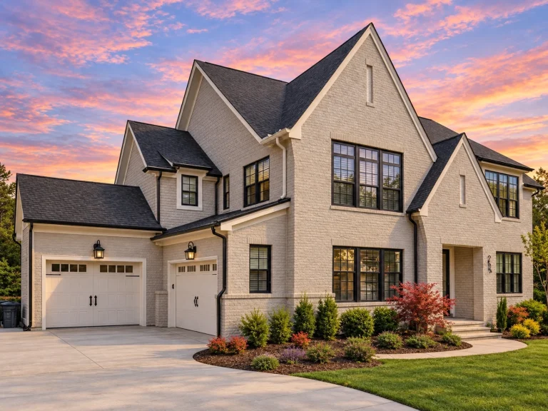 Front exterior view of a New American Modern Traditional house with painted brick facade, steep gabled rooflines, black framed windows, and an attached garage