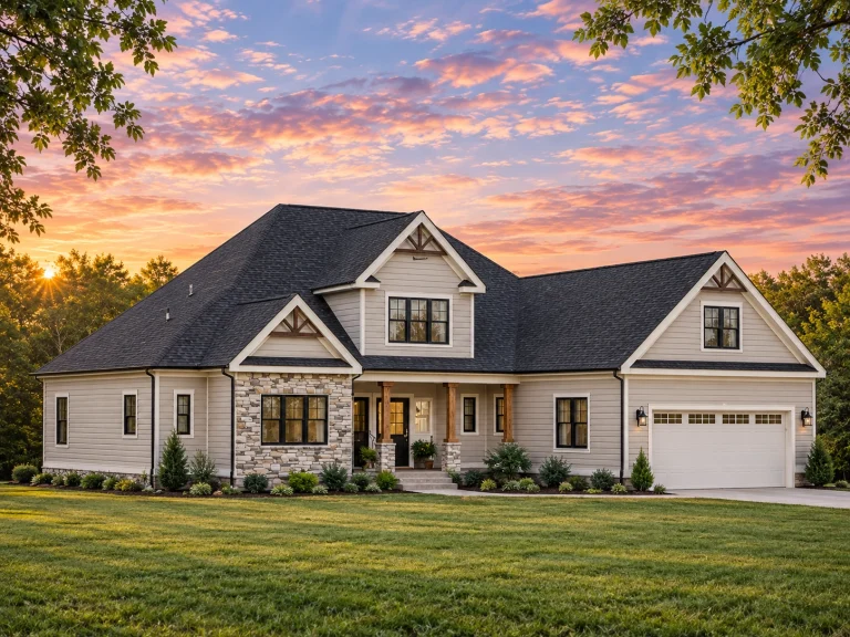 Front elevation of a modern farmhouse style house featuring board and batten siding, stone accents, gabled rooflines, and an attached two-car garage