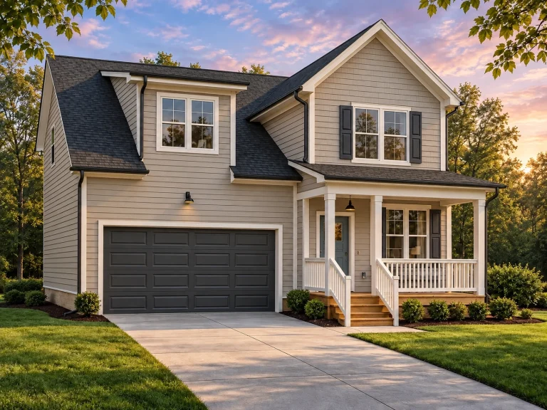 Conventional House Plans 25 Front view of a Traditional two-story home featuring gray horizontal lap siding, black shutters, covered front porch, and attached two-car garage