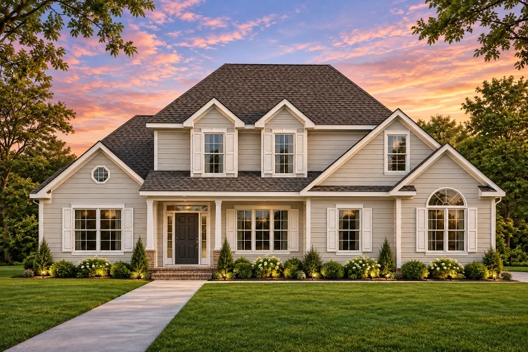 Front view of a Traditional Colonial style two-story home featuring classic white siding, black shutters, and symmetrical architecture with central entry porch.