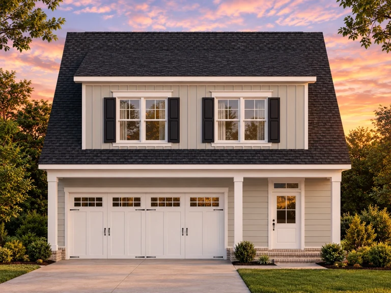 Front elevation of Colonial-style carriage house garage apartment with white lap siding, symmetrical windows, and classic pitched roof