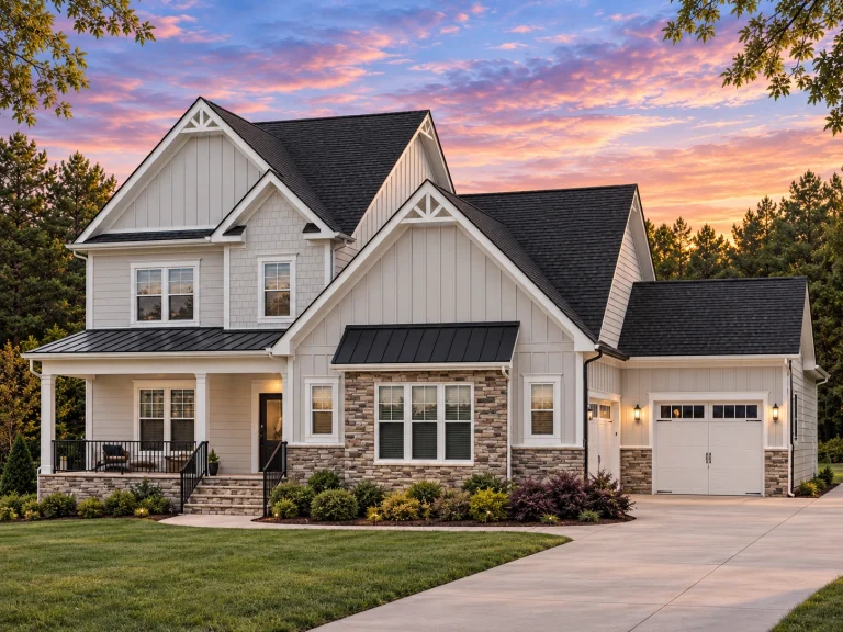 Front exterior of a New American Modern Traditional house with board and batten siding, stone veneer, gabled rooflines, and welcoming covered porch