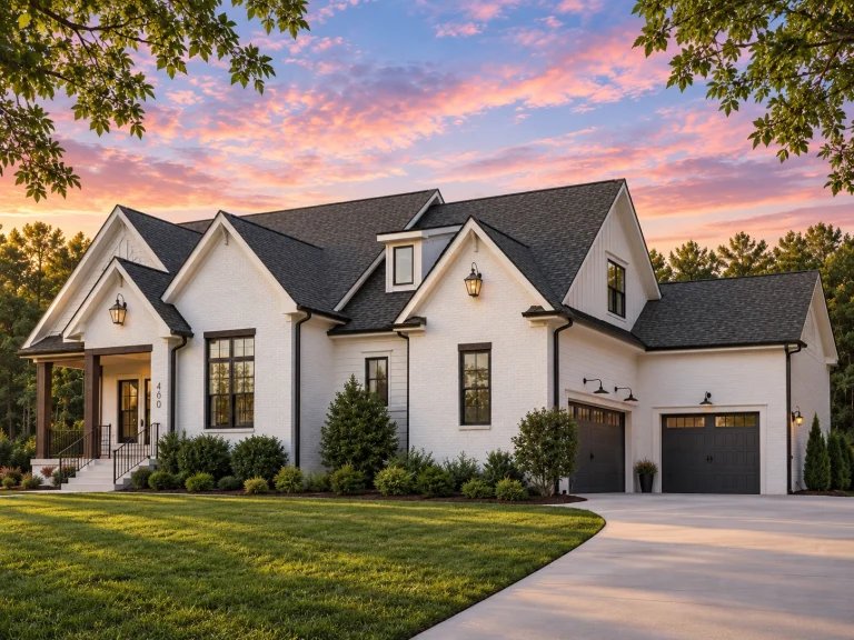 Covered Front Porch House Plans 21 Front elevation of a New American style home with painted brick exterior, board and batten gables, black windows, and symmetrical modern traditional design