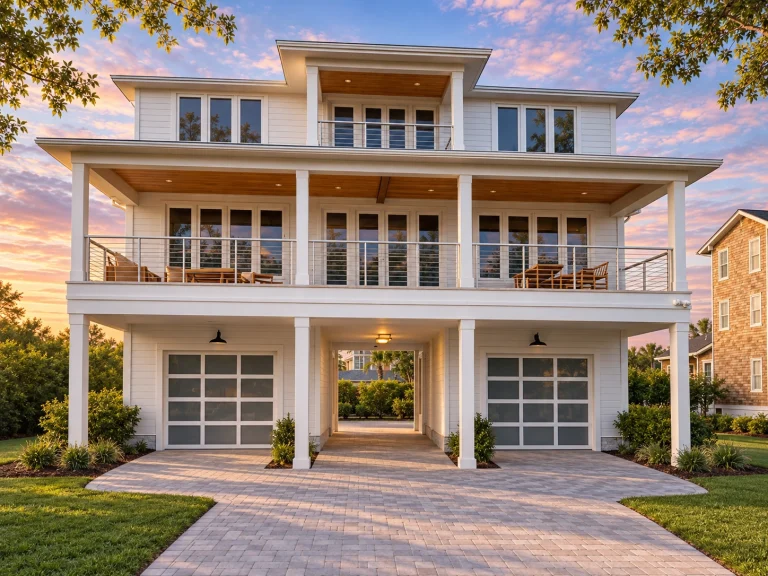 Garage Apartment Plans 21 Front elevation of a Coastal Beach style home featuring Charleston and Low Country architecture with wide double porches, horizontal siding, metal railings, and elevated garage level