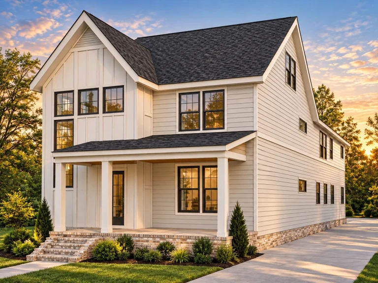 Cottage House Plans 12 Front exterior view of a Modern Farmhouse style home with board and batten siding, horizontal lap siding, stone accents, and a covered front porch