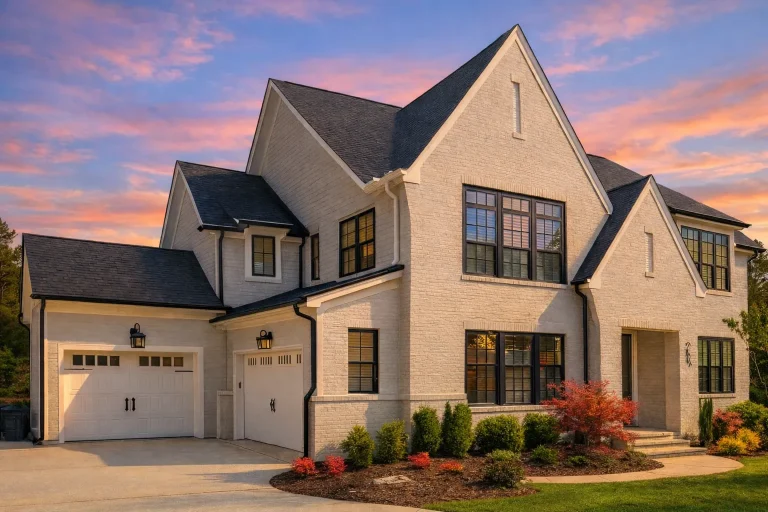 Front exterior view of a New American Modern Traditional house with painted brick facade, steep gabled rooflines, black framed windows, and an attached garage