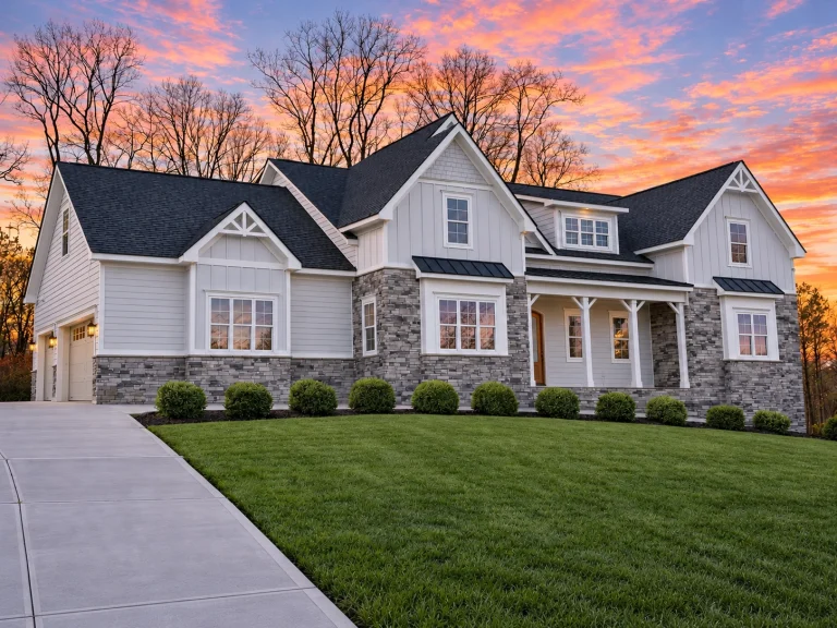 Simple House Plans 11 Front exterior of a New American Modern Traditional home featuring board and batten siding, stone accents, gabled rooflines, and covered front porch
