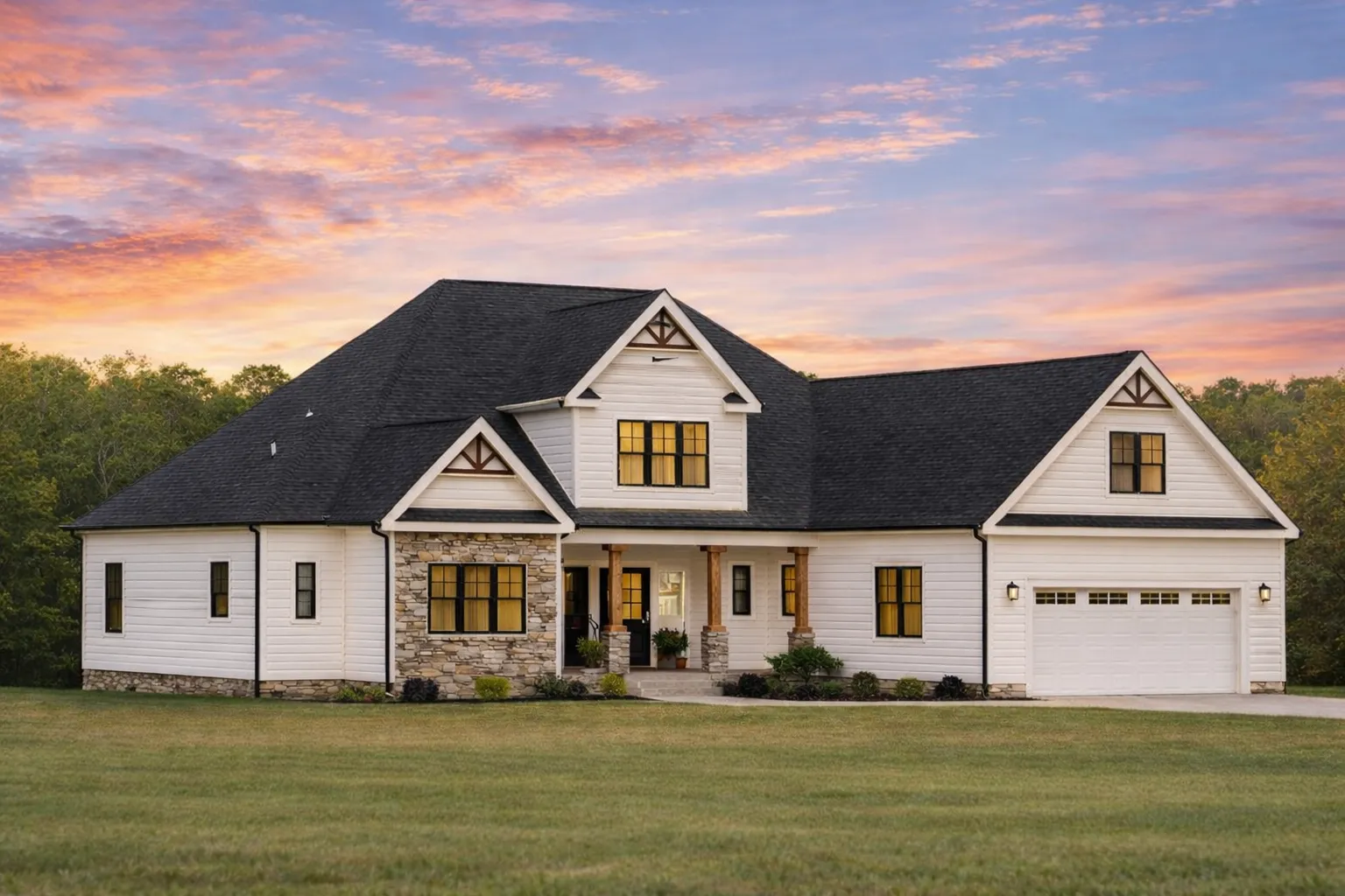 Front elevation of a modern farmhouse style house featuring board and batten siding, stone accents, gabled rooflines, and an attached two-car garage