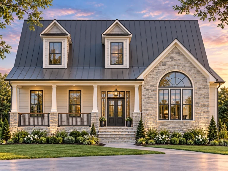 House Plans with Second Floor Laundry Room 14 Front elevation of a Cape Cod style home featuring brick exterior, lap siding, dormer windows, and a welcoming covered front porch