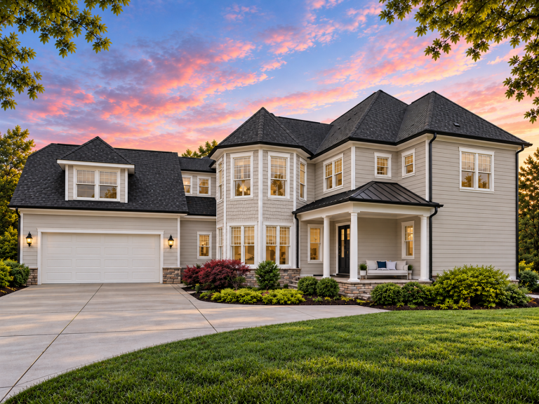 Single Family House Plans 9 Front elevation of New American Modern Traditional two-story home with white horizontal siding, covered entry, and attached two-car garage