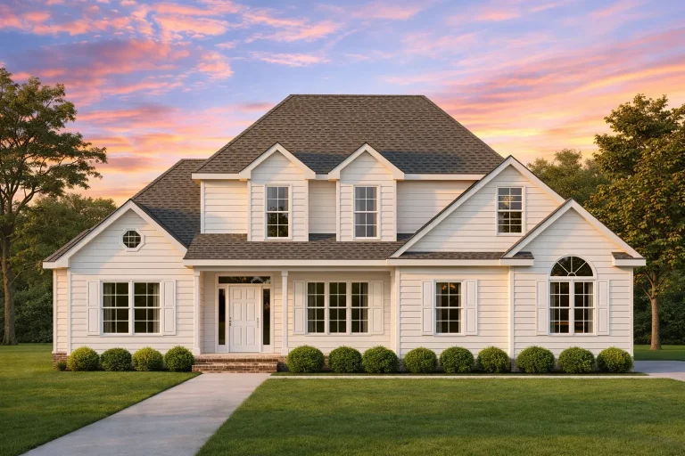 Front view of a Traditional Colonial style two-story home featuring classic white siding, black shutters, and symmetrical architecture with central entry porch.