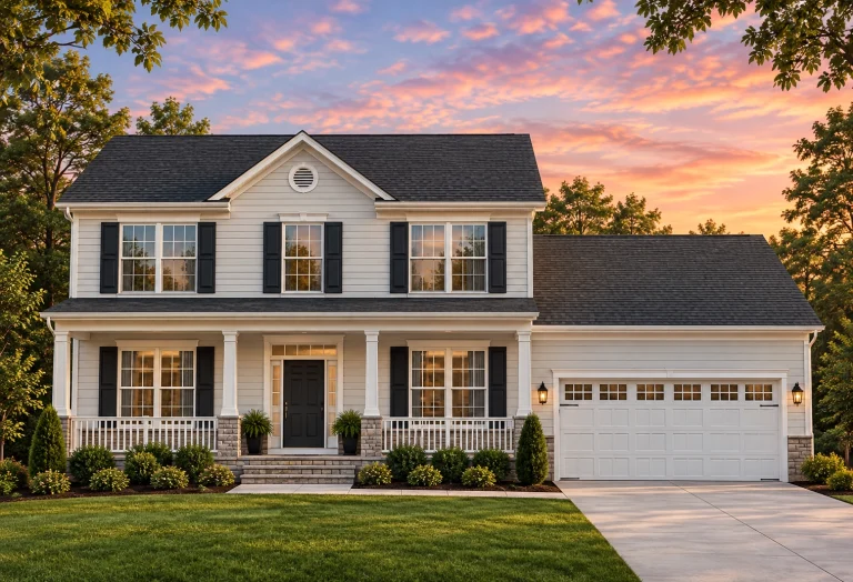7 Bedroom House Plans 7 Front elevation of a Traditional Colonial style home featuring horizontal lap siding, symmetrical windows, covered entry porch, and side-entry two-car garage