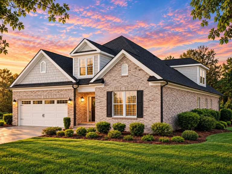 Front elevation of a traditional brick suburban home featuring shake siding, horizontal siding, gabled rooflines, and manicured landscaping