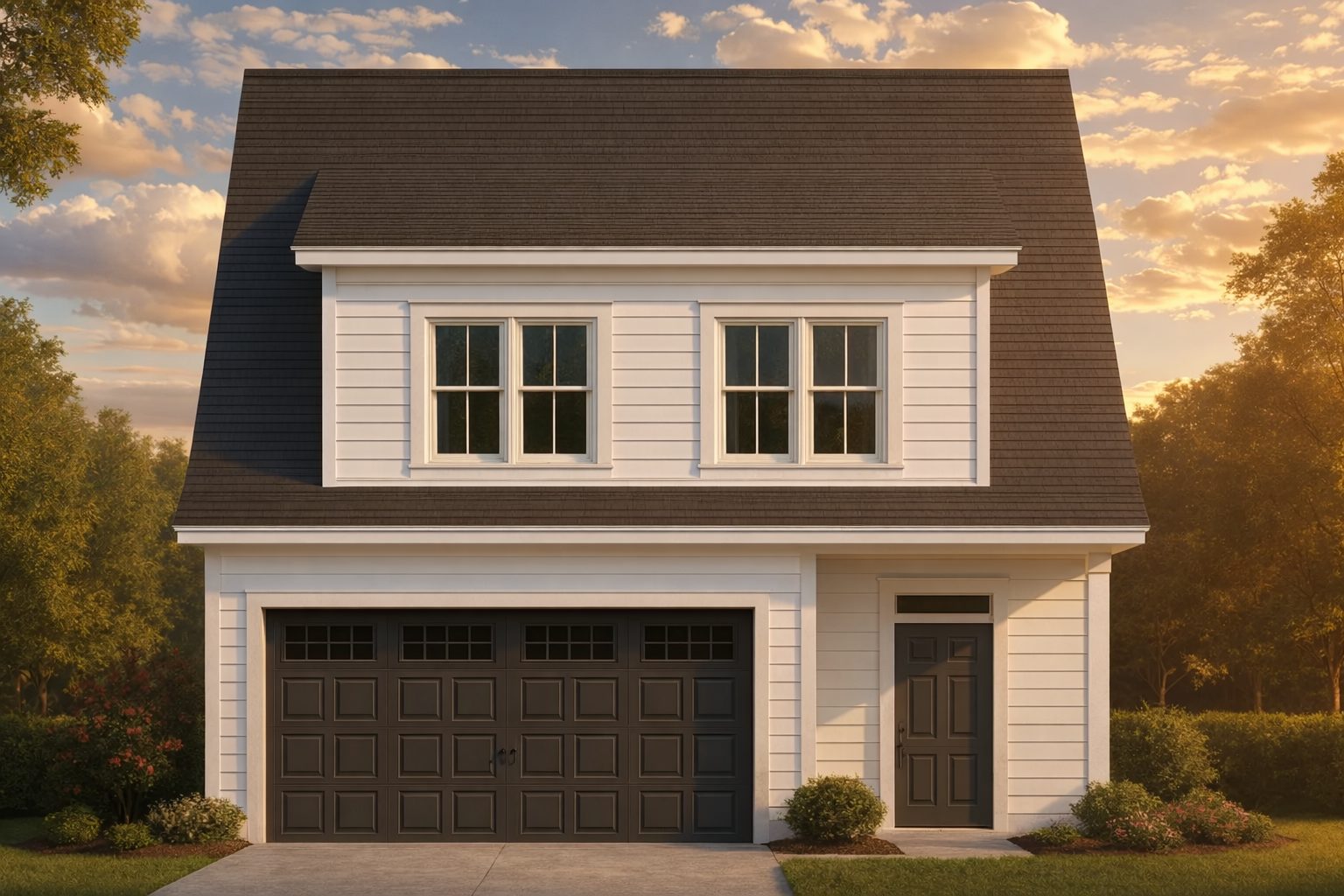 House Plans with Outdoor Fireplace 11 Front elevation of Colonial-style carriage house garage apartment with white lap siding, symmetrical windows, and classic pitched roof