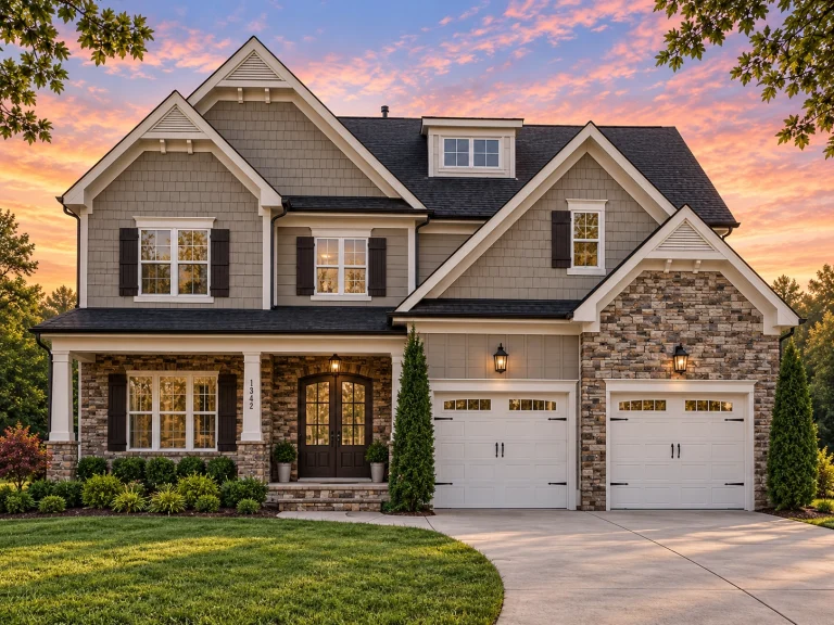 House Plans with Outdoor Kitchen 12 Front elevation of a New American modern traditional house featuring board and batten siding, stone accents, gabled rooflines, and a two-car garage
