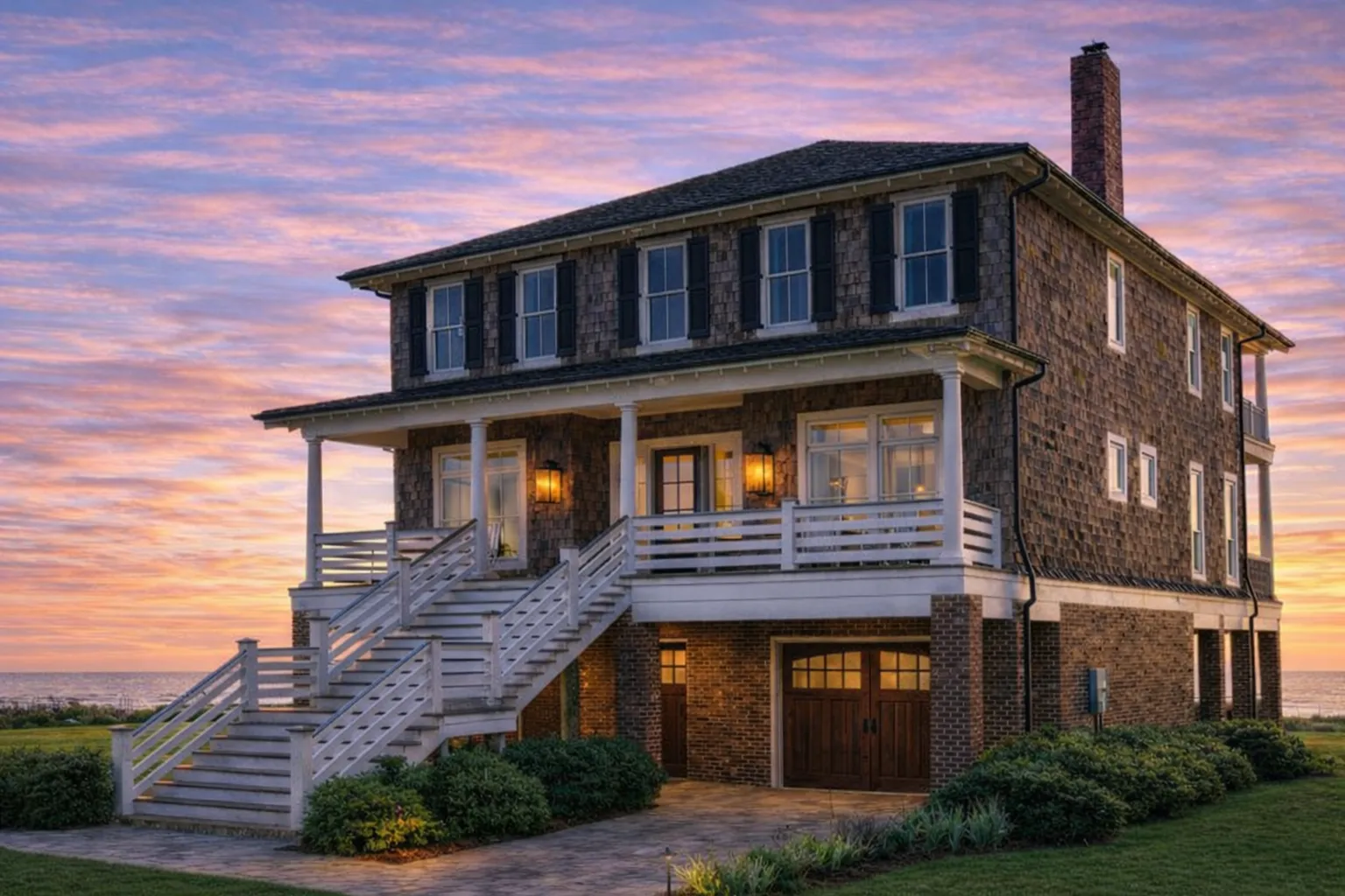 Front elevation of a Traditional Colonial style brick home with elevated porch, symmetrical windows, and double garage
