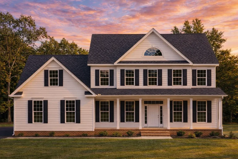 Front elevation of a Traditional Colonial style home with horizontal siding, brick foundation accents, centered entry, and attached garage