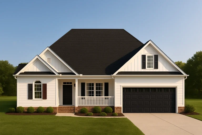Front view of a Modern Farmhouse ranch-style home featuring white board and batten siding, brick accents, black roof, and a welcoming covered porch
