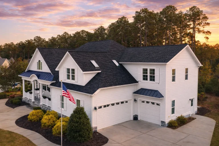 Front exterior of a New American modern traditional house featuring horizontal siding, gabled rooflines, symmetrical windows, and an attached garage