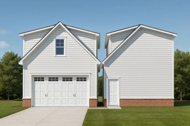 Front view of a Carriage House style garage apartment featuring white horizontal siding, brick foundation, and dual-gable design